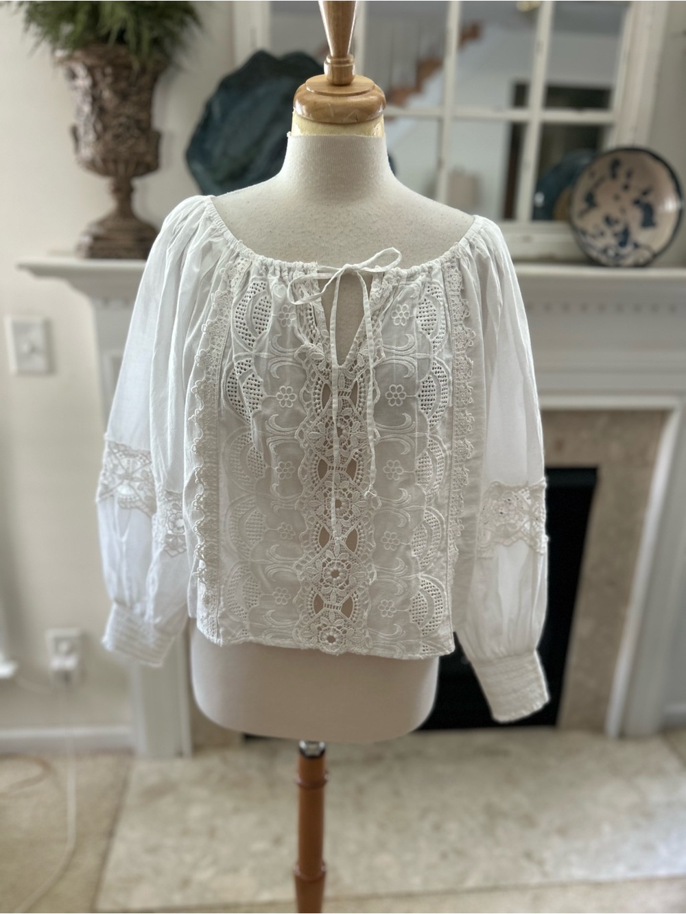 Jennifer & Grace White Lace Peasant Blouse with Tie Neck - Picture 2 of 11